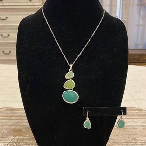 Silver Tone Blue Green Pendant Dangle Drop Statement Earrings and Necklace Set